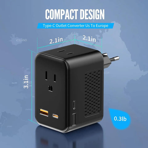 Universal Travel Adapter With Three USB Ports And One Type C Port, Worldwide AC Outlet Charger For Europe UK US AU Asia Over 200 Countries, Blue Ready For International Trips And Daily Charging, shown from front and side angles, highlighting dimensions and plug.