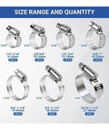 Get Your Fix Fast With This Sick 82Pc Stainless Steel Worm Gear Clamp Kit Featuring Heavy Duty Adjustable Hose Clamps For Water And Oil Lines In All Sizes From Small To Giant., size range chart for 304 stainless steel worm gear hose clamps, 5/16 screw