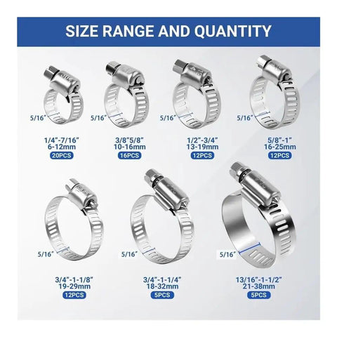 Get Your Fix Fast With This Sick 82Pc Stainless Steel Worm Gear Clamp Kit Featuring Heavy Duty Adjustable Hose Clamps For Water And Oil Lines In All Sizes From Small To Giant., size range chart for 304 stainless steel worm gear hose clamps, 5/16 screw