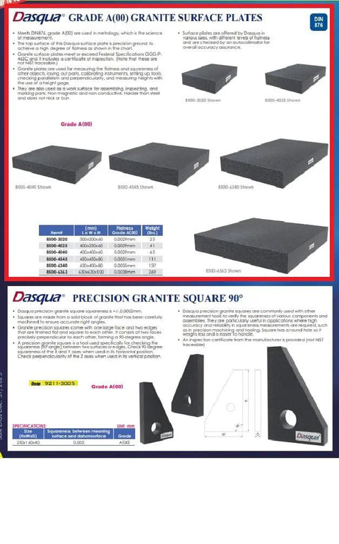 Dasqua Grade A granite surface plate, 400 x 250 x 60 mm (8500-4025), shown with other sizes on a catalog page.