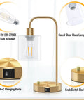 Gold Industrial Stepless Dimmable Table Lamps Set Of 2 With Knob Control And USB A C Ports, showing glass shade and brass base.