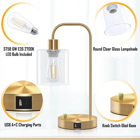 Gold Industrial Stepless Dimmable Table Lamps Set Of 2 With Knob Control And USB A C Ports, showing glass shade and brass base.