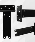 Straight Up 8 Inch Heavy Duty Gate Hinges 4 Pack Black Steel Door Hinges 300 Lb Capacity Built Tough For Outdoor Fences shown in various angles.