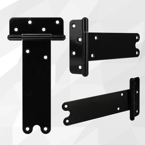 Straight Up 8 Inch Heavy Duty Gate Hinges 4 Pack Black Steel Door Hinges 300 Lb Capacity Built Tough For Outdoor Fences shown in various angles.