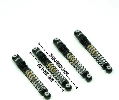 Beefy 54mm Long Travel RC Shocks for 1/24 Scale Rigs Like Axial SCX24 Element Enduro URUAV LGS101 shown with length indicators