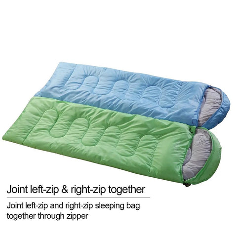 Green and blue sleeping bags joined, demonstrating zipper connection for 3-4 Season Sleeping Bag For Adults And Kids, Lightweight Camping Gear with Compression Sack, 87 X 29.5 Inches, 32F Temperature Rating For Warm Yet Cool Nights, Roll Control Design For Easy Packing, Dark Grey.