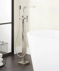 Hibiscus Straight Up Modern Freestanding Tub Faucet Forged From Solid Brass Featuring Integrated Hand Shower On Flex Hose for easy rinsing.