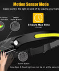 Black and yellow Rechargeable Two Pack Headlamp With 230 Degree Wide Beam And Motion Sensor, highlighting motion sensor mode.
