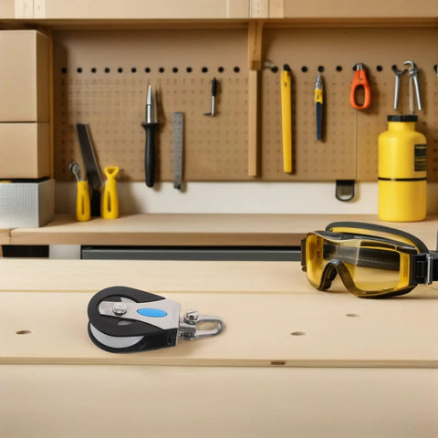 Stainless Steel Marine Pulley Swivel With Nylon Wheel on workbench, tools and gear in background, single bearing block for marine use.