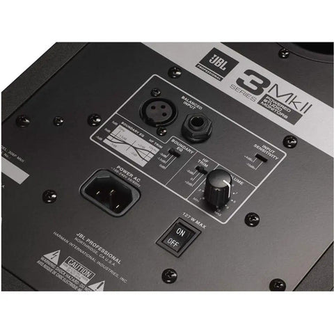 Back panel view of powered 5 inch studio monitors bundle for home studio with stands small pads and XLR cable nearfield reference