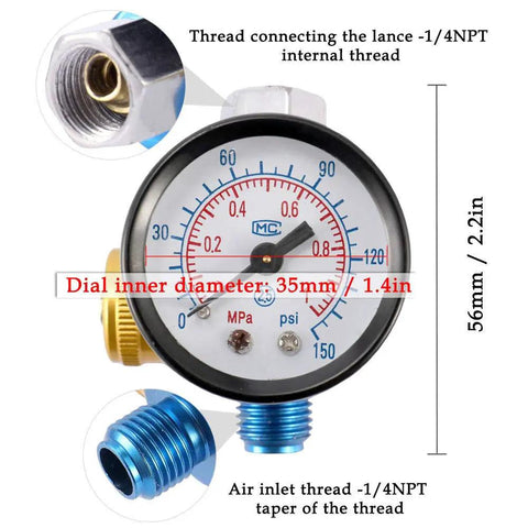 Kickass Adjustable HVLP Spray Gun Pressure Regulator With Crystal Dial Gauge And Quarter NPT Hookup showing dial and threads.