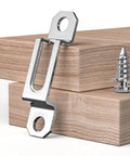 Heavy Duty Knockout Performer Invisibly Sliding Furniture Connectors For Home Makeover, stainless steel, on wood surface.
