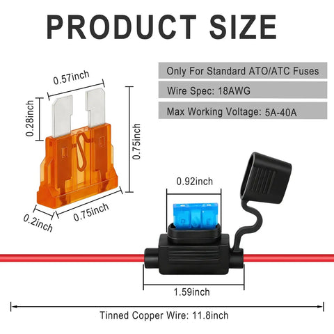 Heavy Duty 12V Waterproof Inline Fuse Holder Kit For Auto Truck Marine RV And Boat Rigs, with size specifications and fuse details.