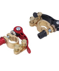 Two Pack Car Battery Terminal Connectors Clamps Quick Disconnect And Release For Auto Use Heavy Duty Battery Terminals For Secure Power Link Easy Fit Durable Automotive Cable Clamp Set, showing brass clamps with red and black quick release levers.