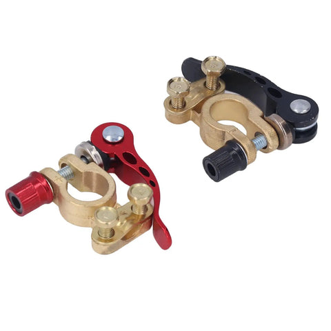 Two Pack Car Battery Terminal Connectors Clamps Quick Disconnect And Release For Auto Use Heavy Duty Battery Terminals For Secure Power Link Easy Fit Durable Automotive Cable Clamp Set, showing brass clamps with red and black quick release levers.