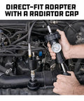 22 Piece Cooling System Pressure Tool Kit With Precision Leak Detection Pump And Universal Expandable Adapters For Cars And Trucks To Handle Any Leak Without Breaking A Sweat in use with a direct-fit adapter and radiator cap.