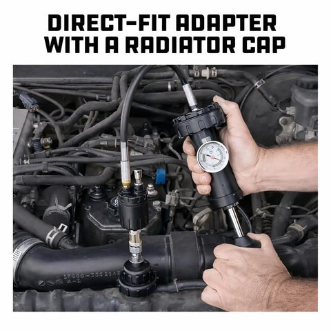 22 Piece Cooling System Pressure Tool Kit With Precision Leak Detection Pump And Universal Expandable Adapters For Cars And Trucks To Handle Any Leak Without Breaking A Sweat in use with a direct-fit adapter and radiator cap.