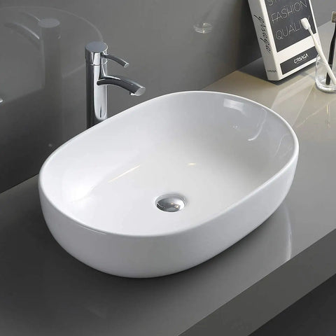 White Oval Vessel Sink For Bathroom Above Counter Vanity 24 By 16 Inch Porcelain Ceramic Wash Basin No Mounting Ring Needed