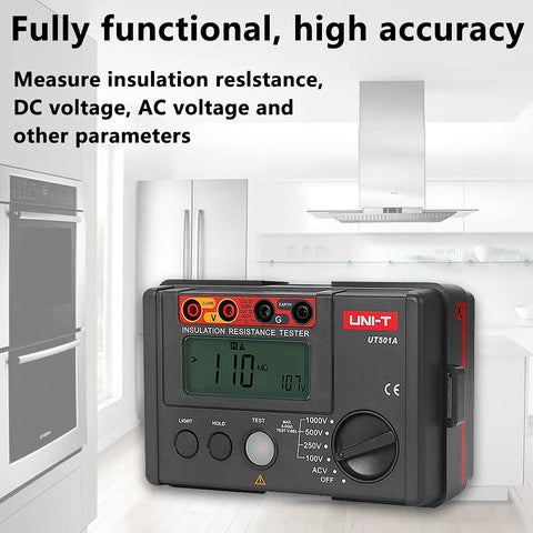 Insulation Resistance Megohmmeter 1000V Tester With 0-5 Gohm Range And Backlit 2000 Count LCD, Measures Up To 1000 Mohm At 750V, High Voltage Electrical Tester Compatible With Standard Banana Leads