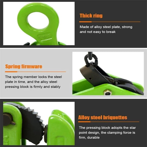 Rock Solid Vertical Plate Lift Heavy Duty Sheet Steel Clamp features alloy steel thick ring and spring firmware for robust lifting.