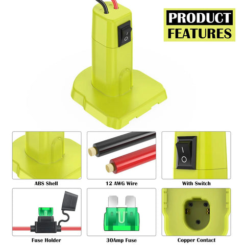Ryobi 18V Battery Adapter For Power Wheels And DIY RC Cars with fuse, switch, wire harness, ABS shell, and heat-resistant 12 AWG wires.