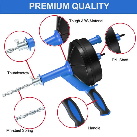 Drain Auger Clog Remover With Drill Adapter, 25 Feet Flexible Plumbing Snake, Mn-steel spring and handle details shown