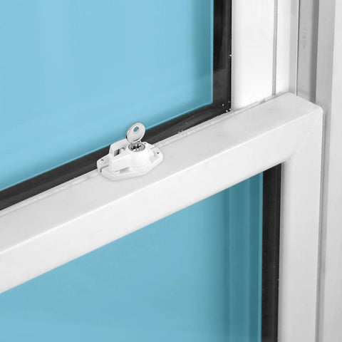 Keyed Sash Lock For Aluminum Vinyl Or Wood Double Hung Windows With Two Inch Hole Centers Heavy Duty Zinc Diecast In White Finish Locks Only With Key For Added Window Security For Enhanced Tamper Resistant Security on window frame