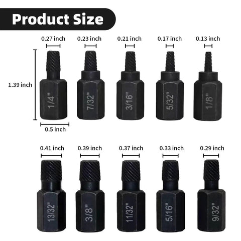 10 Piece Screw Extractor Set For Damaged And Stripped Screws Bolts Alloy Steel Heavy Duty Construction For Home And Pro Use Easy Pull No Fuss Removal And Quick Fix with detailed bit sizes displayed.