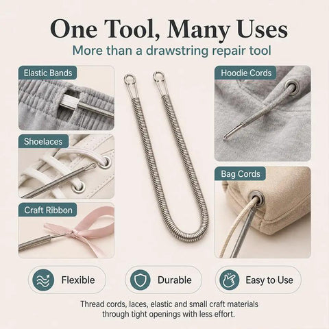 4 Piece Flexible Drawstring Threader Tools Set In Stainless Steel For Quick Cord Repair Re Thread Hoodies And Sweatpants Waistbands Shoes Laces And Elastic Bands Keeps Loose Strings Tidy And Easy To Reuse, stainless steel threaders shown with hoodies, shoelaces, and bags