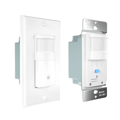 Front and side view of the 2 Pack Motion Sensor Light Switch With Neutral Wire Required, Single Pole Indoor In Wall Occupancy Sensor.