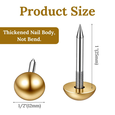 Twenty Piece Pack Of Solid Brass Upholstery Tacks With Top Shelf Hold And A Sweet Vintage Look For Furniture Projects Smooth Woodcraft Crafts And Easy Diy Home Decor Fixes In Classic Gold Finish And One Half Inch Heads showing 1/2 inch brass caps and nail body size.