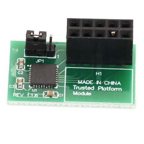 TPM 2.0 Security Module With 10 Pin SPI Interface Infineon SLB 9670 for AOM 9670H on green circuit board close-up