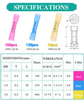 Pro Grade 300Piece Heat Shrink Butt Wire Connectors Kit For 22 To 10 AWG Insulated Waterproof Wires Marine Automotive Boat Truck Repair Easy Crimp Heat Process Durable Splices For Quick Reliable Electrical Fixes specifications showing red, blue, and yellow connectors with dimensions and amperage.