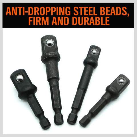 Eight Piece Impact Socket Adapter Set for One Quarter Inch Three Eighths Inch and One Half Inch Drives, hex shanks visible