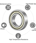 Close-up of precision 6806ZZ ball bearings with labels: maintenance-free, high rotate speed, low noise, long lifetime, and high temperature resistance.
