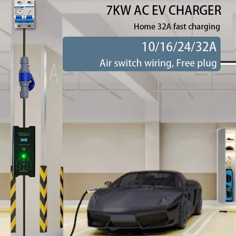 Travel Ready Portable Level 2 EV Charger 16 Amp 32 Amp Fast Home Charging Station IP65 Waterproof Cable For European Standard EVs Charge Faster Anywhere You Plug In shown installed in a garage