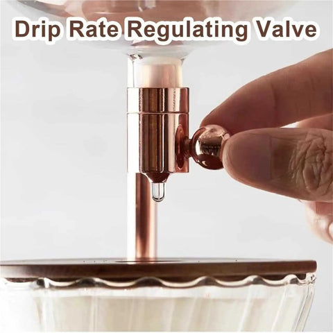 Premium Cold Brew Coffee Maker Featuring Gentle Slow Drip Flow And Adjustable Metal Valves close-up of drip rate regulating valve.