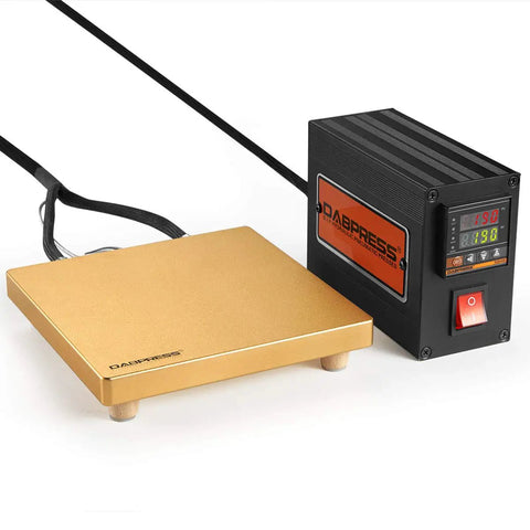 7x7 Inch Plate Heater with Golden Finish, 110 Volts 600 Watt Warmer with four wood legs, shown with control unit
