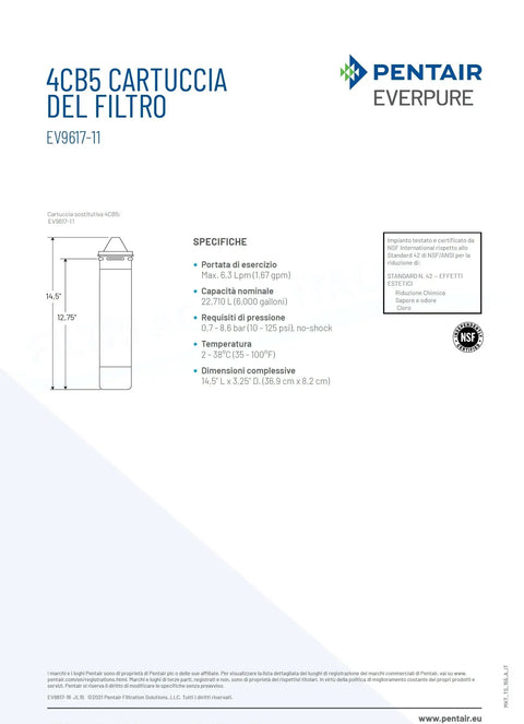 Specifications diagram for 4CB5 Cartridge OEM Replacement for Commercial Water Filtration System 9617-16 High-Flow Performance