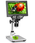 7-Inch LCD Digital Microscope With 1200X Magnification, 1080P Video, Coin Microscope, Metal Stand, 12MP Ultra-Precise Focusing Camera, 8 LED Fill Lights, Windows and Mac Compatible, Ideal for Curious Adults and Hobbyists Who Want Dope Detail. Digital microscope with 7-inch screen and metal stand showing a ladybug.