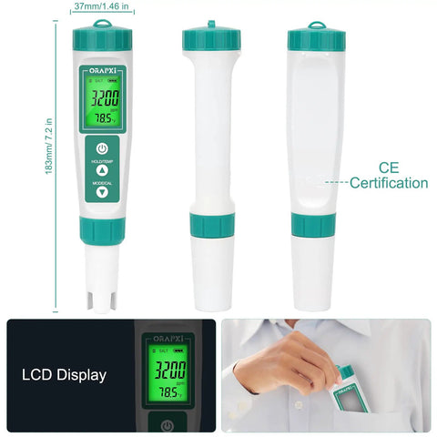 Saltwater Pool Tester Pro, Quick and Accurate Salinity Meter for Pools, Reads 0 to 9000 PPM, Great for Salt Chlorinator Systems, Helps Maintain Safe 2400 to 4500 PPM Range, User Friendly Digital Readout, white handheld tester with LCD