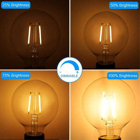 Dimmable LED Edison Bulb G25 Globe Clear Glass 40W Equivalent 2700K Soft White E26 Base, brightness levels shown 25-100%.