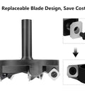 Spoilboard Surfacing Router Bit With Half Inch Shank Three And One Quarter Inch Cutting Diameter Five Wing Carbide Inserts For CNC Planer Woodworking Fast Cutting And Efficient Surface Planing shown with replaceable blade design details