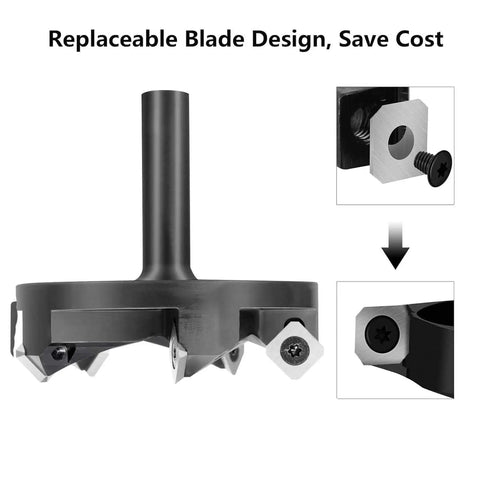 Spoilboard Surfacing Router Bit With Half Inch Shank Three And One Quarter Inch Cutting Diameter Five Wing Carbide Inserts For CNC Planer Woodworking Fast Cutting And Efficient Surface Planing shown with replaceable blade design details