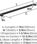 Diagram showing measurements of Matte Black Cabinet Pull For Modern Cabinets And Furniture Monument Collection 13 Inch Overall Length 12 5 8 Inch Center To Center Mounting Durable Metal Drawer Pull Amerock BP36911FB