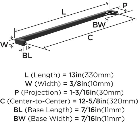 Diagram showing measurements of Matte Black Cabinet Pull For Modern Cabinets And Furniture Monument Collection 13 Inch Overall Length 12 5 8 Inch Center To Center Mounting Durable Metal Drawer Pull Amerock BP36911FB