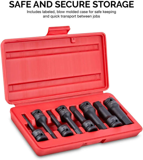 Open red case displaying 1/2-Inch Drive Allen Socket Set With 3-Inch Length Bits, 1/2-Inch Impact Hex-Bit Set, SAE Hex Driver.