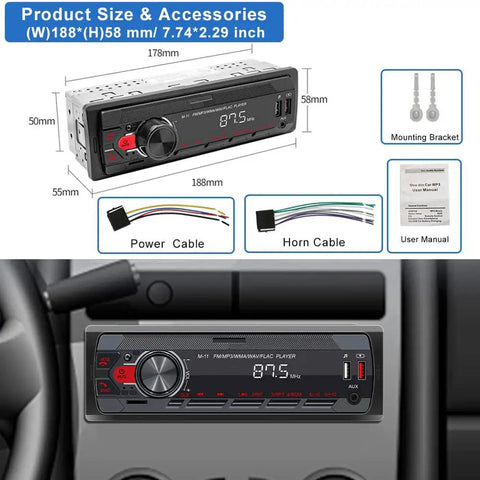Single Din Car Stereo Bluetooth 5.0 Multimedia Receiver with Hands Free Calling, LCD Display, and accessories shown