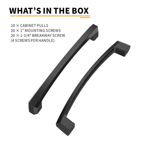 10 Pack 4 Inch Matte Black Cabinet Pulls For Kitchen Cabinets Cupboards Durable Zinc Alloy Handles shown with included screws