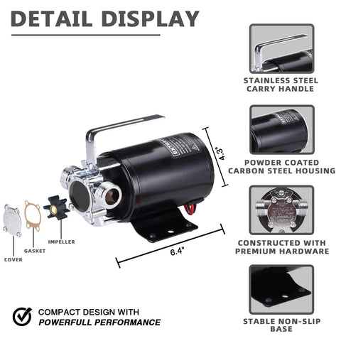 Portable 12V DC Water Transfer Pump With Suction Hose Kit, 330 GPH Low Suction, Self Priming, in carbon steel and stainless steel